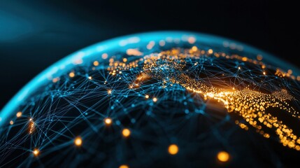 Wall Mural - Customer Relationship Ecosystem: A digital globe with small, interconnected nodes representing various customers, with lines of light connecting them all to a central hub symbolizing the business