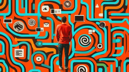Wall Mural - customer journey maze: a figure navigates through a complex, colorful maze with various symbols (lik