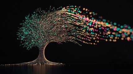 Digital Tree of Life and Work: A tree with its trunk made of binary code and digital textures, but its branches and leaves are organic, filled with vibrant colors representing life