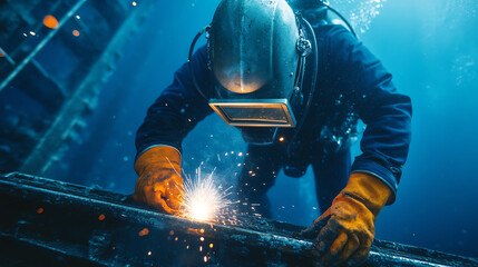 A skilled underwater welder working meticulously, sparks flying amidst a deep blue backdrop, showcasing the precision and danger of marine welding operations.