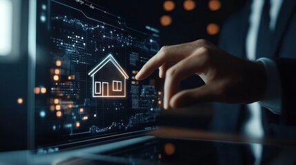close-up of a hand interacting with a glowing digital house icon on a laptop screen.