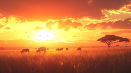 98. A savanna sunset, with silhouettes of grazing animals and tall grass glowing in the warm light