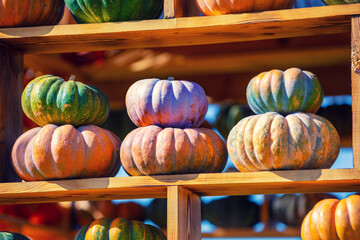 Pumpkins House wall. Halloween, Thanksgiving, autumn harvest background