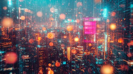 Wall Mural - abstract digital city with glowing lights and data.