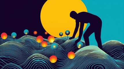 Poster - Field of Growth Through Sweat: A person tilling a field made of abstract lines and shapes, with seeds of different colors representing ideas and projects