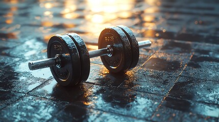 Gym dumbbells, polished metal, gym floor, 3D illustration