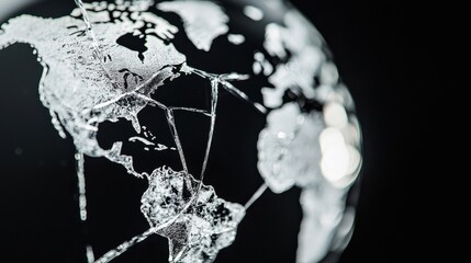 Poster - Fractured Global Map: A world map made of glass, with cracks forming across it. Behind the map, a dimming light symbolizes the slow and fragile state of global economic growth