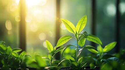 25 Lush green plants inside a glass structure, sunlight pouring in and intensifying the internal warmth, closeup view, warm green hues, soft glowing light