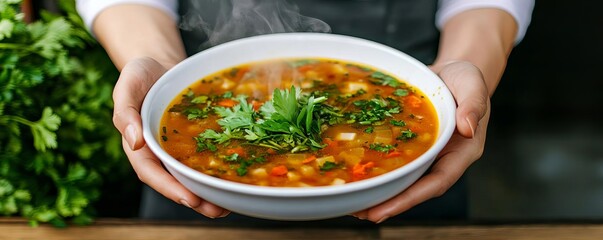 Woman serving hot soup with fresh herbs, comforting scene, street food, hearty dish