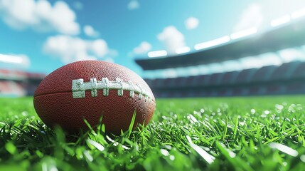 Rugby ball on grass field, stadium in background, 3D illustration