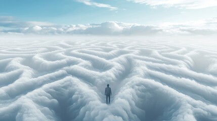 Wall Mural - labyrinth of lost intentions: a person standing at the entrance of an abstract labyrinth made of clo
