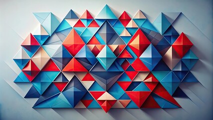 geometric abstract art with red and blue triangles at tilted angle