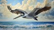 © Imsuniyah - Brown Pelican Flying Over Ocean with Cloudy Sky