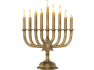 A golden menorah with lit candles, featuring the Star of David at the base, white background.   PNG transparent.