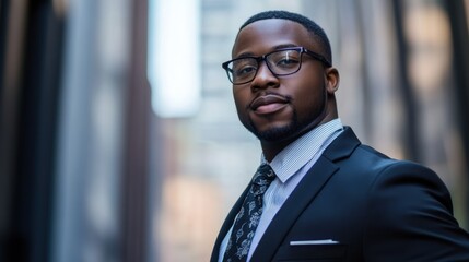 Wall Mural - A young man in a suit and glasses looks directly at the camera