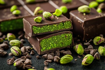 Close-up of rich Dubai chocolate bars filled with vibrant green pistachio paste, on white background 