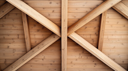 Close-up view of wooden beams forming a geometric pattern on a ceiling, highlighting natural wood texture and intersecting lines.