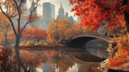 Sticker - Autumnal Landscape with a Bridge Over a Reflecting Pond and City Buildings in the Distance