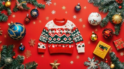 festive national ugly christmas sweater day decorations in vibrant flat lay composition