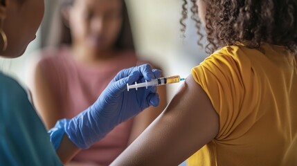 close-up of a woman receiving a vaccination in her arm.