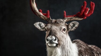 Frohe Weihnachten GruÃkarte Postkarte mit deutschem Text - Rentier Rudolf Hirsch mit Geweih und roter Nase, isoliert auf schwarzem Hintergrund