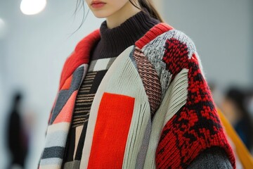 Close-up of a woman's colorful knitted sweater with a geometric pattern.