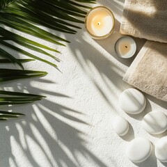 White Stone Background with Palm Leaves, Rounded Stones, and Candle in Spa Setting