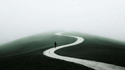 Wall Mural - start before knowing it all: a person stepping onto a winding path that disappears into a foggy unkn