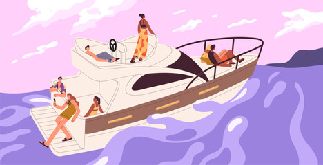 People travel by sea on motor boat. Happy friends float on yacht on sea waves. Men, women sailing on ship, relax on deck in summer. Characters have fun in ocean cruise. Flat vector illustration