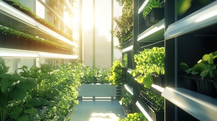 Wall Mural - Indoor Vertical Garden with Sunlight Streaming Through a Window