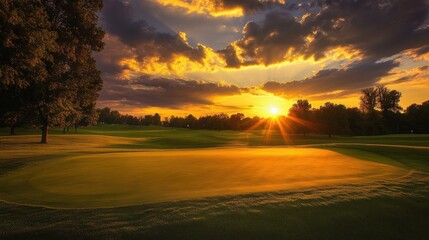 Canvas Print - Sunset Over a Golf Course with Trees and a Golden Sky