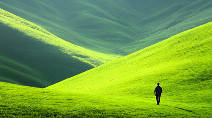 Natural Beauty: A Man Walking Across a Lush Green Pasture in Tranquil Outdoors