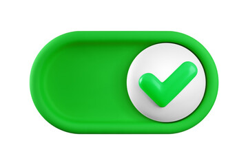 Vector cartoon 3d turn on switch button. Cute realistic 3d green toggle switch slider with white yes checkmark icon. Setting toggle design element for mobile app interface, web.