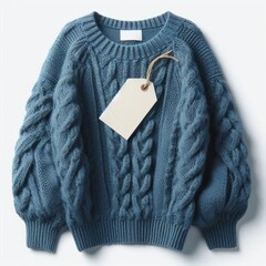 Blue women's autumn-winter knitted cozy creasy jersey pullover with blank label tag isolated on white background. 