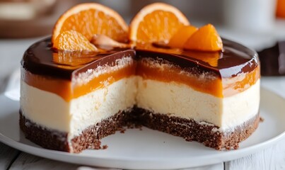 Wall Mural - sliced orange caramel mousse cake with cream cheese mascarpone and chocolate glaze, Generative AI 