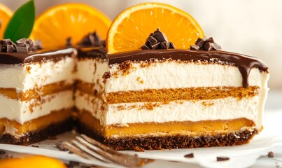 Wall Mural - sliced orange caramel mousse cake with cream cheese mascarpone and chocolate glaze, Generative AI 