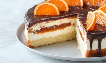 Wall Mural - sliced orange caramel mousse cake with cream cheese mascarpone and chocolate glaze, Generative AI 