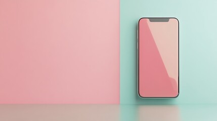 A pink smartphone with a blank screen is lying on a mint and pink surface.