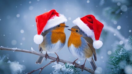 A photo of two robins dressed in festive Santa Claus hats, perched together on a snowy branch