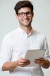 © Kristina - Young handsome american man happy face smiling use tablet, isolated on white background, ai generate