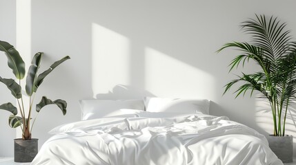 A white bed with white bedding in a bright room with two plants.