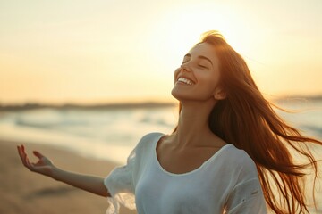 german woman, happy and meditation with breathing on beach for fresh air or spiritual yoga in nature. Faith, person or peaceful by ocean for sunset worship, holistic mindset or zen with mockup space