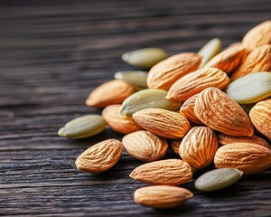 Almonds and pumpkin seeds on a wooden surface, healthy snack concept.