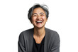 © boxstock production - Portrait of a middle-aged Asian woman laughing joyfully in a grey cardigan on a transparent background
