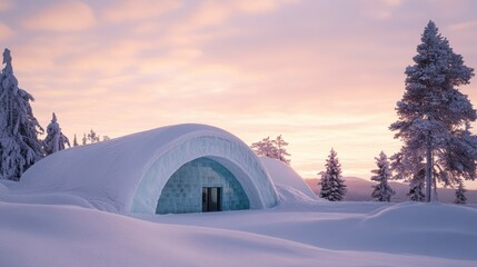 Sticker - Ice Hotel with a Large Window in Snowy Landscape at Sunset