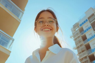 Photo low angle of cheerful cute adorable mexican american girl cheerful smile wear white shirt enjoying free time sunny weather outdoors modern city