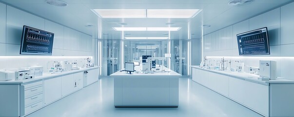 minimalistic white lab equipped with the latest in scientific research technology.