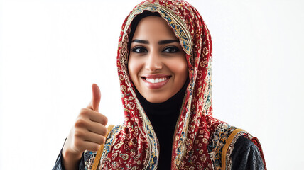 Arabian Woman in Traditional Clothing Giving a Thumbs-Up with a Warm Smile.