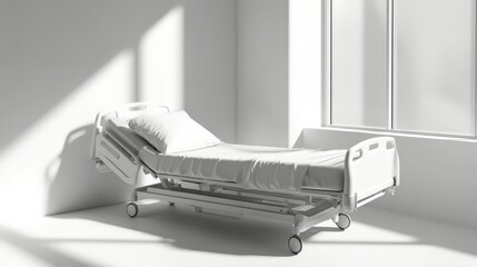 Medical bed, Minimalistic design of a hospital bed, placed in a clean white hospital room