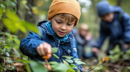 Sticker - Young Boy in Orange Hat Exploring Foliage in the Forest